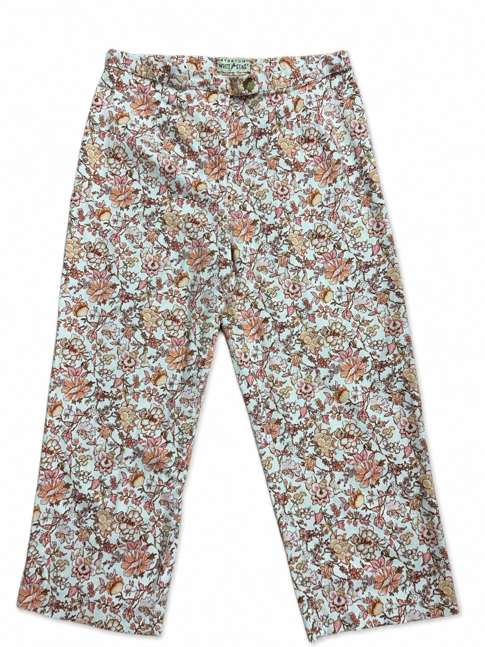 White Stag Floral Capris in Pink, Brown & Cream on White